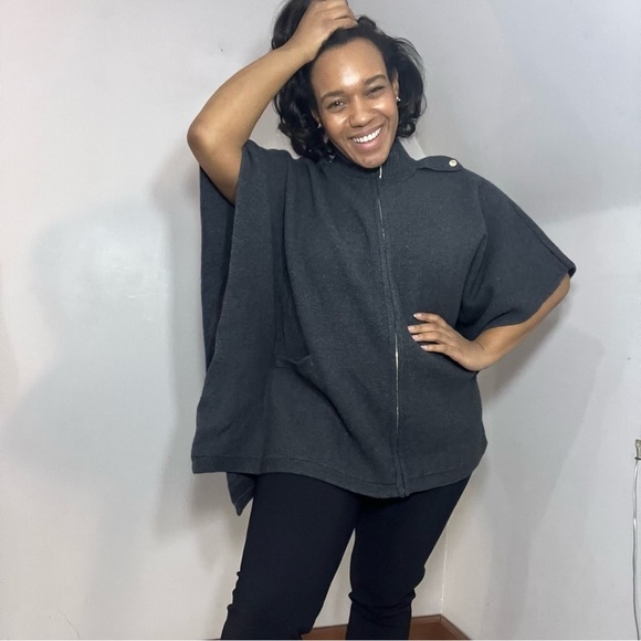 WHBM Dark Neutral Zip Up Cardigan Sweater Knit Cape Lagenlook Scandi Cozy Small - Picture 13 of 17